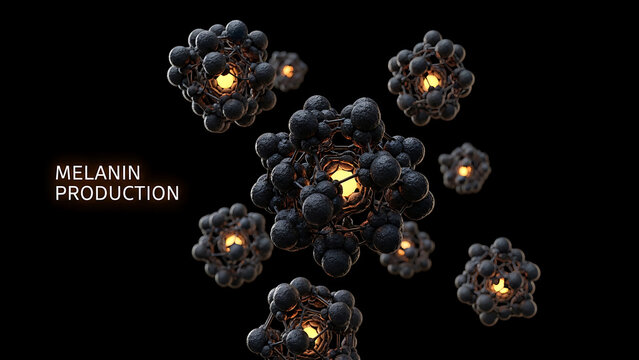 A group of melanin molecules on a black background
