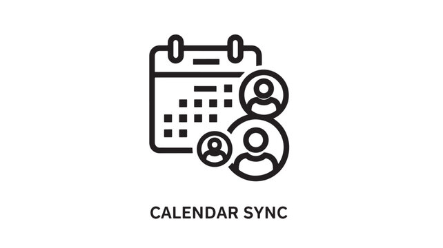 A line art style icon depicting a calendar with syncing people, representing business organization and scheduling. Ideal for marketing, advertising, and technology-related projects.