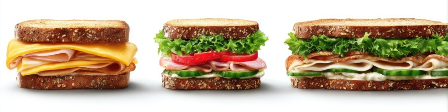 Three delicious and fresh sandwiches with different fillings on a white background.
