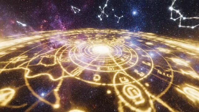 The glowing celestial map shines brightly in space with constellations.