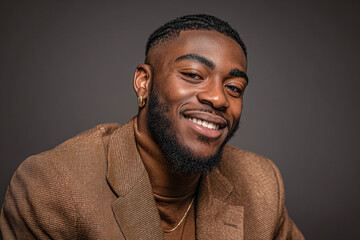 Fototapeta premium Smiling man in a brown blazer with a short beard and earring, posing confidently against a plain dark background.