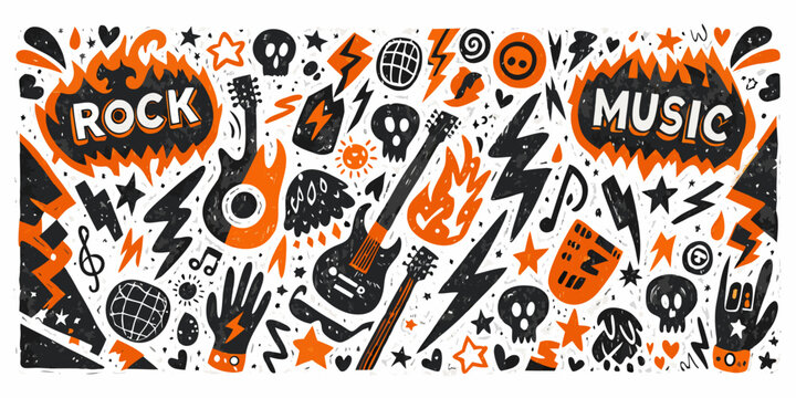 Vibrant doodle illustration celebrating rock music and rebellious energy
