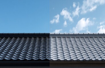 Naklejka premium Comparison of Old and New Roof Tiles Under a Blue Sky.