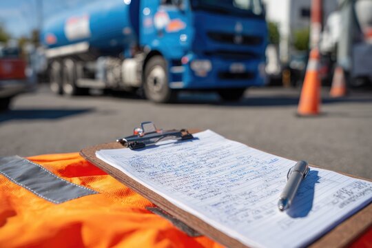 Clipboard and Safety Vest on Roadside with Truck in Background.
