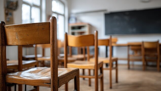 Empty Classroom with Wooden Chairs and Blackboard in Focus.