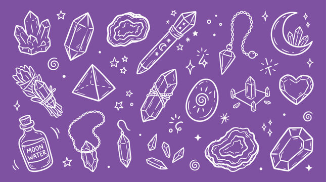 Esoteric symbols and crystals collection for spiritual healing and witchcraft practices on a purple background