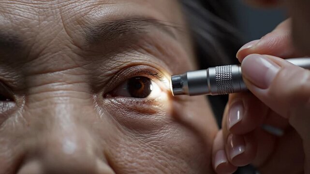 Close-up of an Ophthalmologist Examining an Elderly Woman's Eye with a Penlight for a Routine Check-up