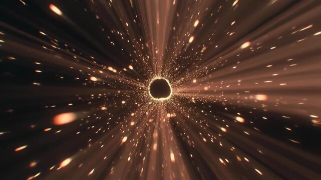 Glowing particles and light trails rushing toward a bright center in abstract style on dark backdrop, concept of cosmic motion