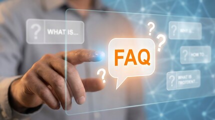 Obraz premium A human hand touches a glowing 'FAQ' button on a futuristic digital interface, surrounded by question marks and inquiry options.