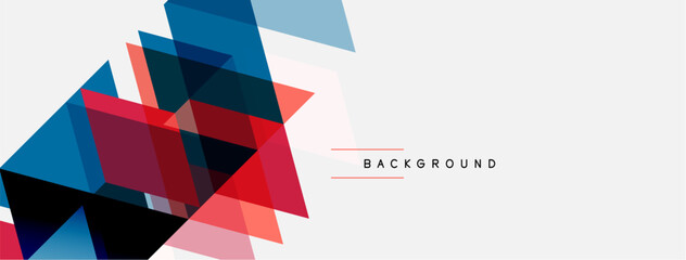Fototapeta premium Abstract geometric shapes overlap, creating dynamic visual effect. Red, blue, pink hues dominate white space. Text reads BACKGROUND.
