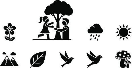 Obraz premium Nature icons set black silhouette designs featuring trees flowers birds clouds and people for environmental concepts