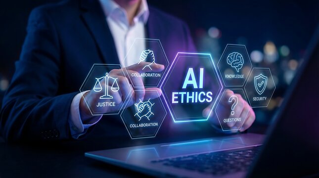 A businessman interacts with a holographic display centered on "AI Ethics," surrounded by various icons representing key ethical considerations.