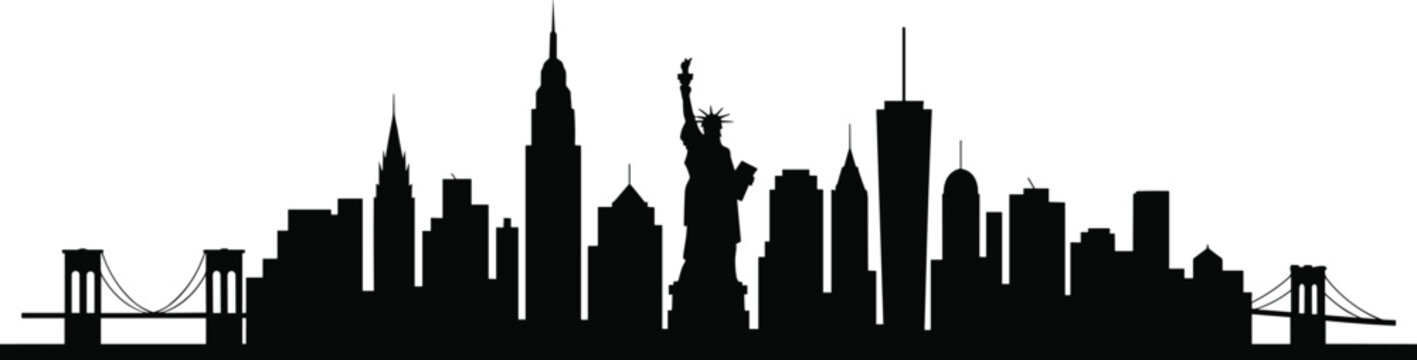 ew York City skyline silhouette, Statue of Liberty landmark, urban architecture illustration, skyscraper silhouette art, iconic cultural identity design
