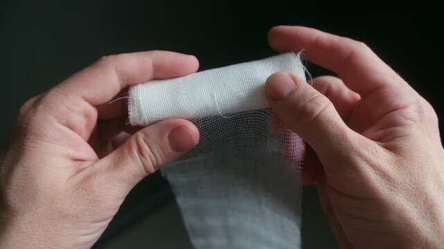 Male hands carefully rolling up sterile white medical gauze bandage in preparation for first aid, focus on hygiene, healthcare supplies against dark background. Hands rolling medical gauze bandage