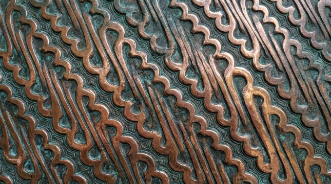 Macro Engraved Copper Sheet with Javanese Batik Parang Pattern, Seamless Weathered Industrial Metal Surface with Green Verdigris Patina