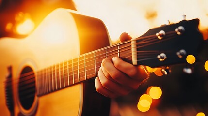 Fototapeta premium Acoustic guitar player performing on a wooden deck at evening, summer entertainment and leisure. Sunset, concert