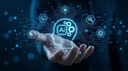 Obraz premium A glowing holographic representation of an artificial intelligence brain with interconnected circuits and various technology-related icons, symbolizing advanced AI capabilities and machine learning.