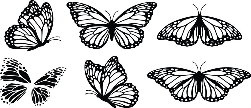 Monarch butterfly vector silhouettes, set of 6 black butterfly icons, elegant insect wing illustrations for nature branding and tattoo design