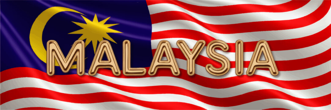 Malaysia national flag background with golden 3D Malaysia text, waving Jalur Gemilang banner for patriotic celebration and travel design