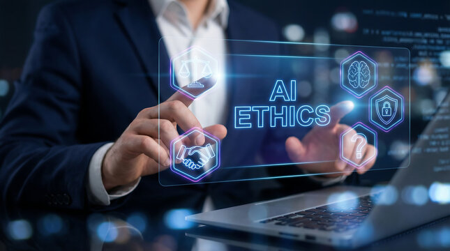 A glowing holographic text that reads "AI Ethics" surrounded by various conceptual icons, the critical conversation around moral principles and guidelines for artificial intelligence development.