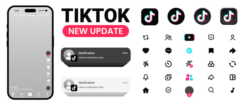 TikTok logo notification mobile app interface UI UX smartphone screen mockup. Social media icon set. Profile, like, comment, share button. TikTok application layout template