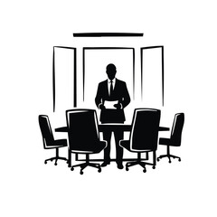 Fototapeta premium Minimalist vector illustration of a business leader in a meeting. Corporate presentation silhouette icon. Flat design graphic isolated on transparent background