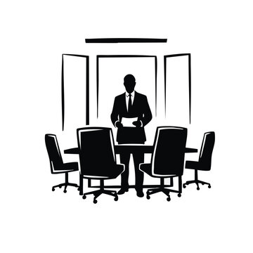Minimalist vector illustration of a business leader in a meeting. Corporate presentation silhouette icon. Flat design graphic isolated on transparent background
