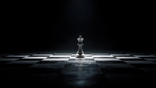 Single Chess King on a Reflective Board in Dramatic Lighting.