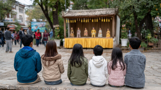 Traditional Burmese Marionette Theater Performance with Puppeteer and Audience, Outdoor Summer Scene