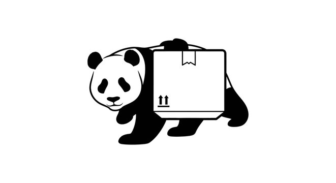Cute Panda Carrying Delivery Box Vector Illustration, Black and White E-Commerce Courier Mascot Line Art, Playful Shipping and Logistics Graphic on White Background for Commercial Design