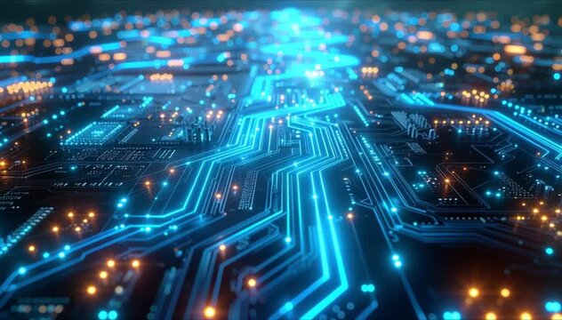 High speed data transfer through glowing blue circuit board pathways for global network connectivity (AI Generated)