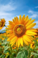 Fototapeta premium Vibrant Sunflower Field Under a Bright Blue Sky with a Ladybug.