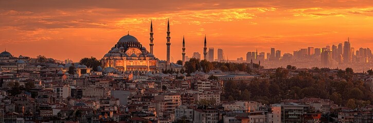 Fototapeta premium Panoramic view of a mosque with minarets against a vibrant orange sunset sky, cityscape in the background.