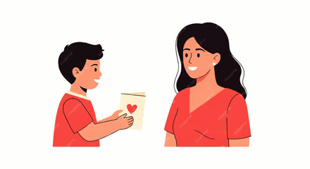 Fototapeta premium Vector flat design illustration of a happy young boy giving a handmade card with a heart to his smiling mother