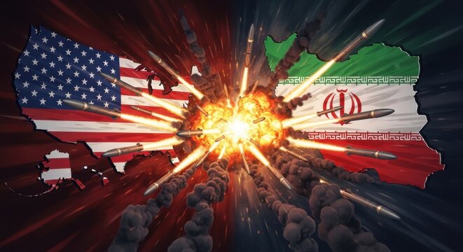 Dramatic missile explosion between USA and Iran flags in intense conflict scene