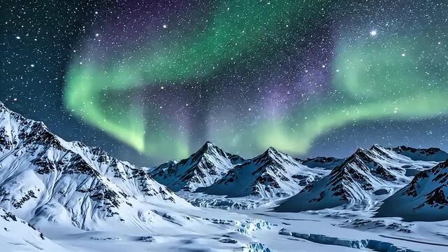 Aurora borealis over snow-capped mountain range.