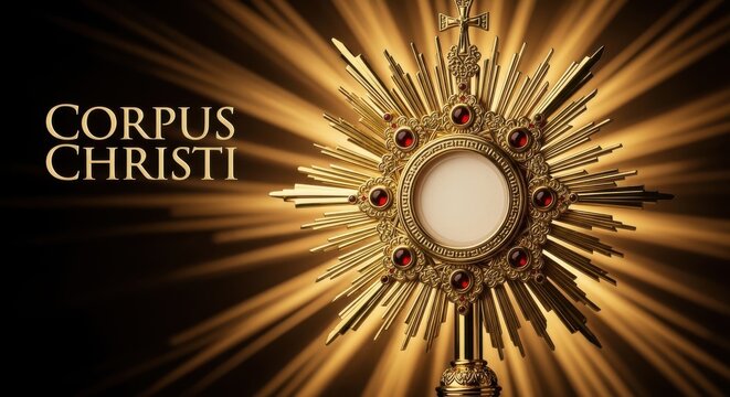Golden monstrance with Corpus Christi text on dark background