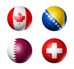 Obraz premium Football competition 2026 group B flags on soccer balls. 3D illustration isolated on white background