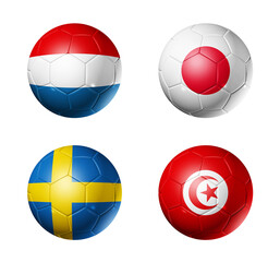 Obraz premium Football competition 2026 group F flags on soccer balls. 3D illustration isolated on white background