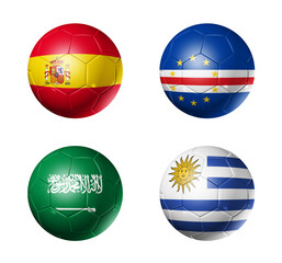 Obraz premium Football competition 2026 group H flags on soccer balls. 3D illustration isolated on white background