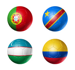 Naklejka na ściany i meble Football competition 2026 group K flags on soccer balls. 3D illustration isolated on white background