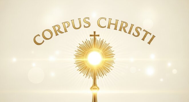 Golden monstrance with Corpus Christi text for religious celebrations