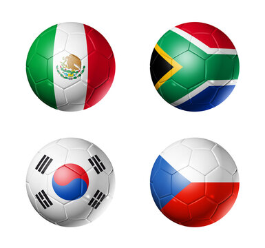 Football competition 2026 group A flags on soccer balls. 3D illustration isolated on white background