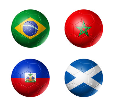 Football competition 2026 group C flags on soccer balls. 3D illustration isolated on white background