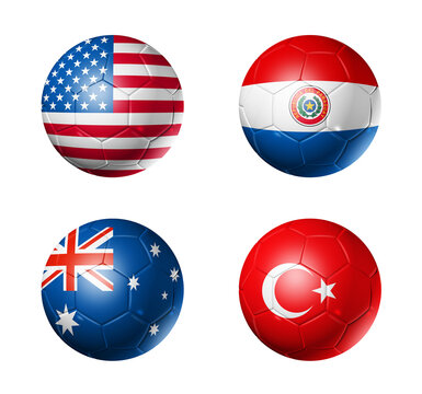 Football competition 2026 group D flags on soccer balls. 3D illustration isolated on white background