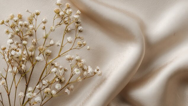Delicate White Babys Breath Flowers on Soft Cream Silk Fabric.