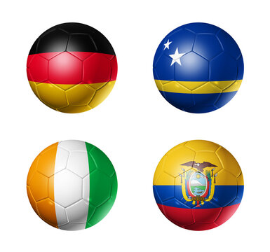 Football competition 2026 group E flags on soccer balls. 3D illustration isolated on white background