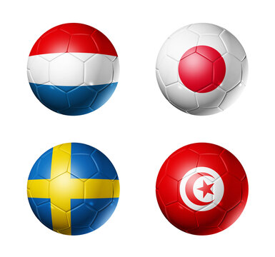 Football competition 2026 group F flags on soccer balls. 3D illustration isolated on white background