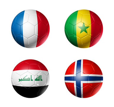 Football competition 2026 group I flags on soccer balls. 3D illustration isolated on white background