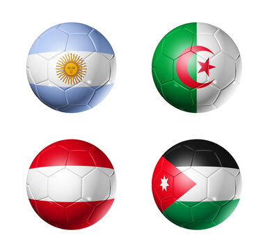 Football competition 2026 group J flags on soccer balls. 3D illustration isolated on white background